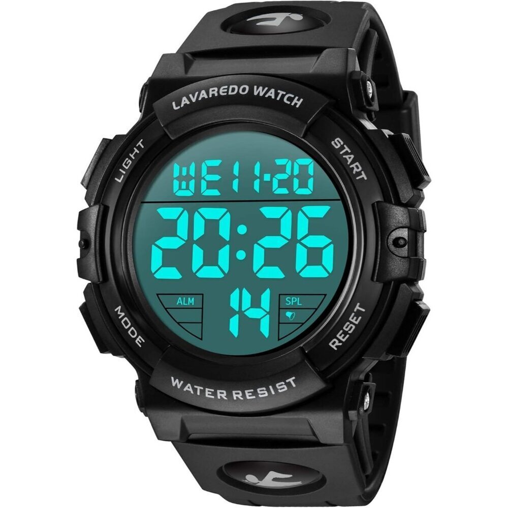 Men Black Digital Sports Military Watch, Waterproof Chronograph Shockproof Led